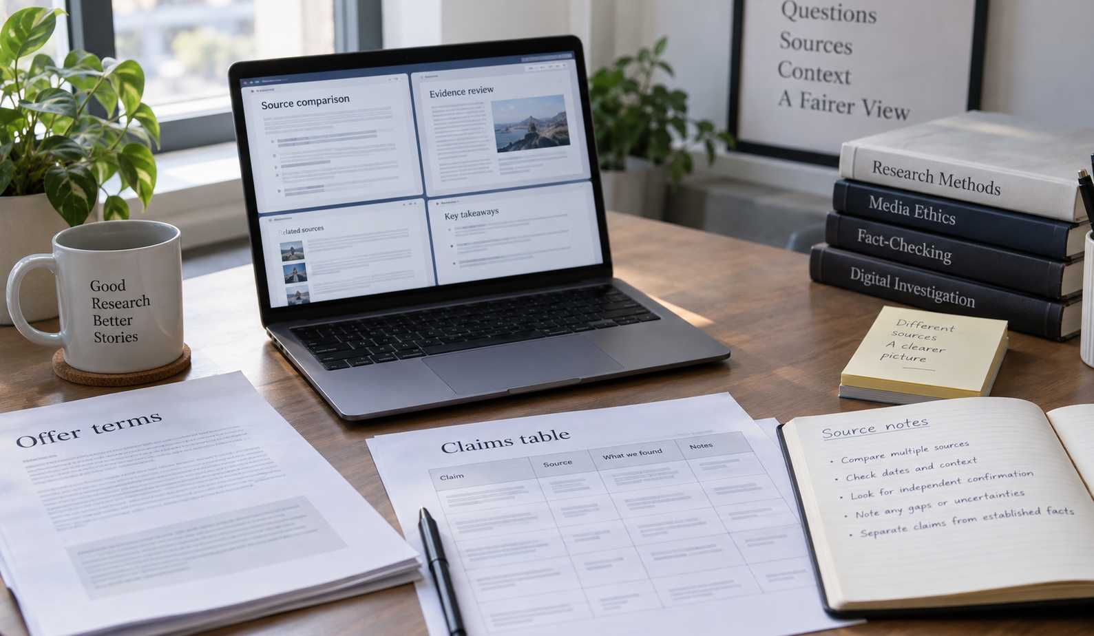 Research desk with documents and notes used to cross-check published information