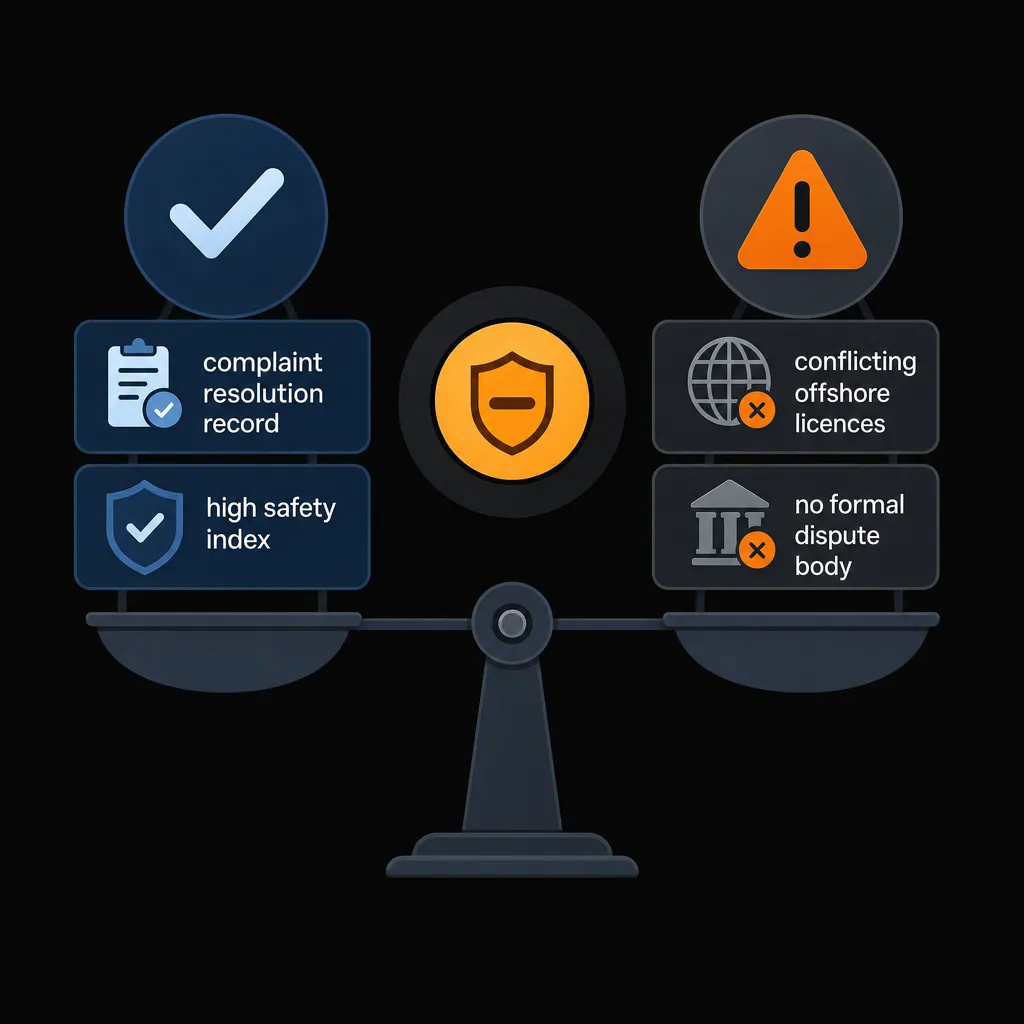 Balanced scale showing LevelUp Casino verdict strengths and risks