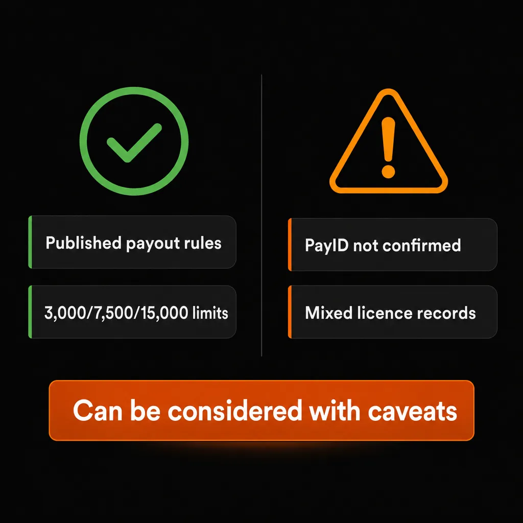 Caveats icon showing confirmed payout rules versus unclear PayID claims