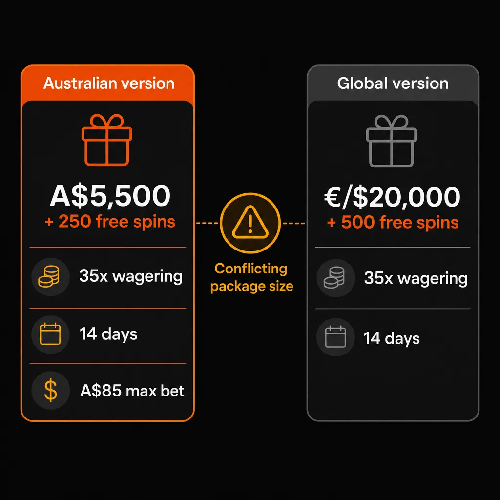 Comparison of Australian and global welcome bonus versions