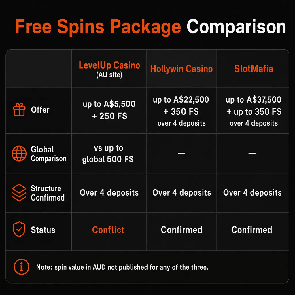 Comparison of free spins packages across three casinos