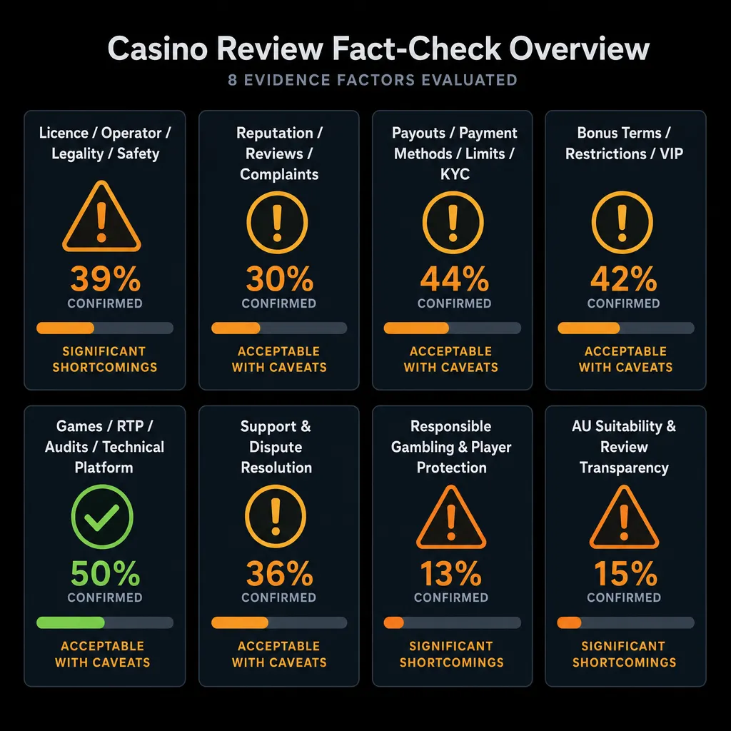 Overview infographic of eight LevelUp Casino trust-check factors
