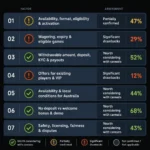 No Deposit Bonus Overview infographic of seven checked bonus factors