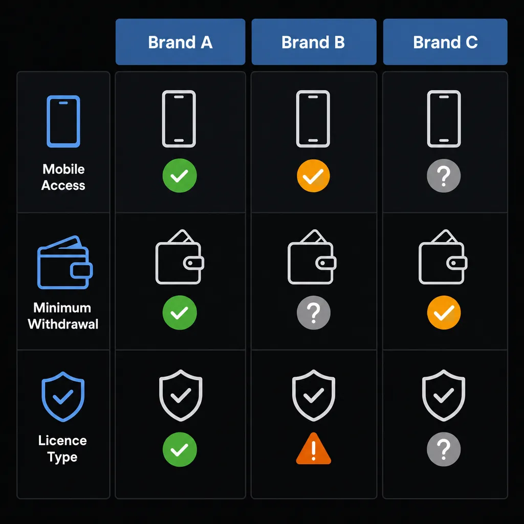 Side-by-side comparison of mobile casino conditions