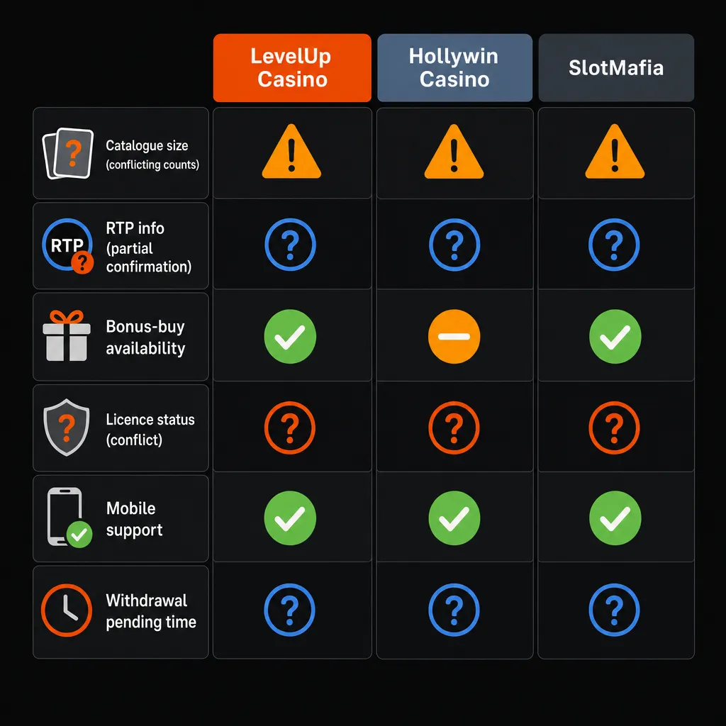 Side-by-side comparison of three pokies casino brands' conditions