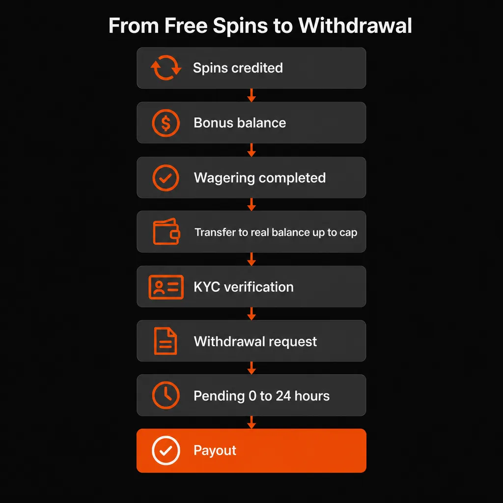 Step by step chain from free spins to cash withdrawal