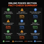 Pokies Summary infographic of nine checked pokies fact-check factors