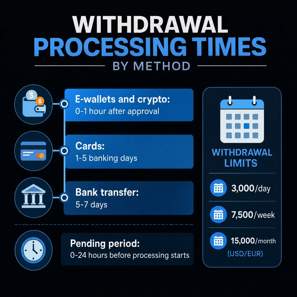 Withdrawal processing times and caps by payment method