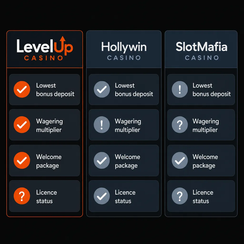 Сравнение условий LevelUp, Hollywin и SlotMafia по ключевым параметрам