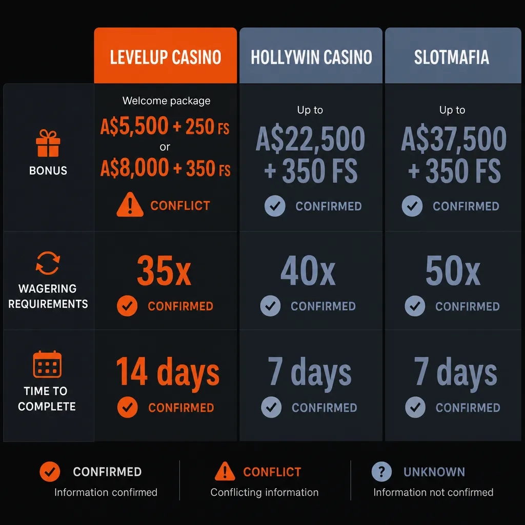 Сравнение условий бонусов LevelUp, Hollywin и SlotMafia